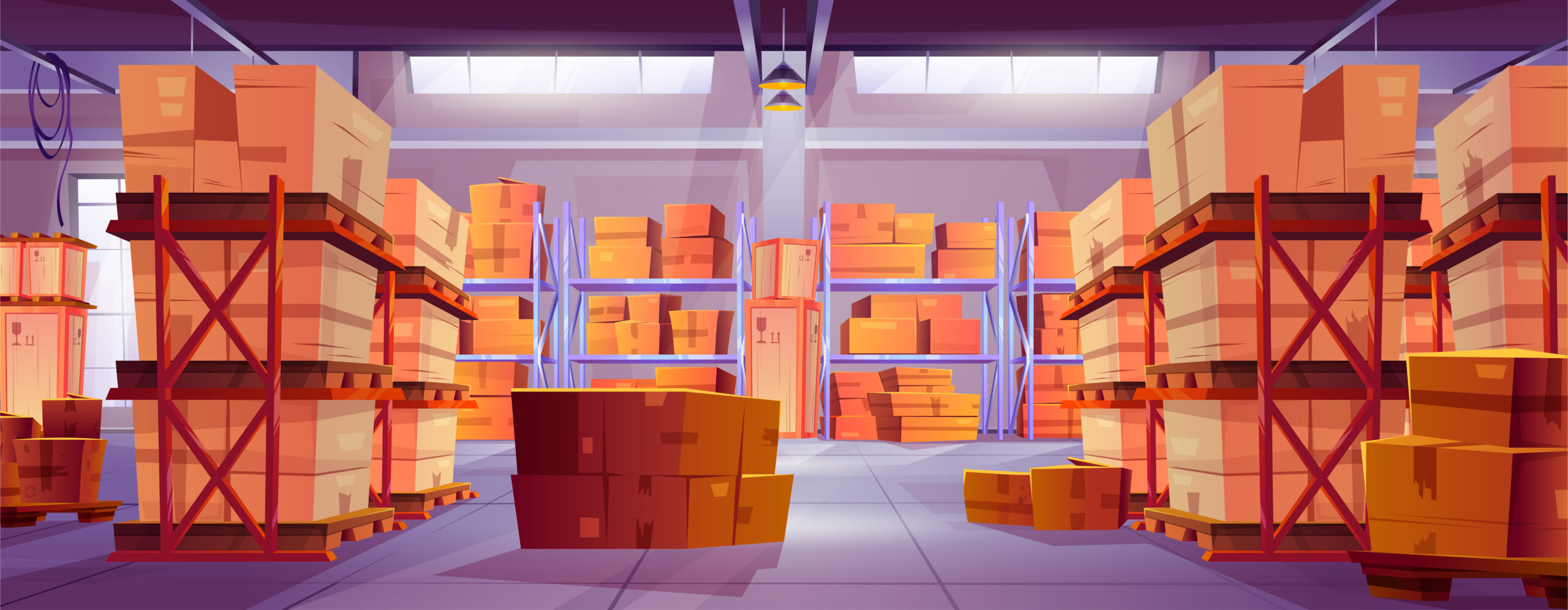 Interior of large warehouse with goods in wooden containers and cardboard parcel boxes on pallets and metal shelves and racks. Cartoon vector illustration of factory or store storage room inside.